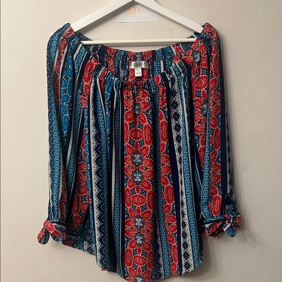 Vibrant Blue and Red 3/4 Sleeve Smocked Tunic off shoulder - Picture 1 of 9